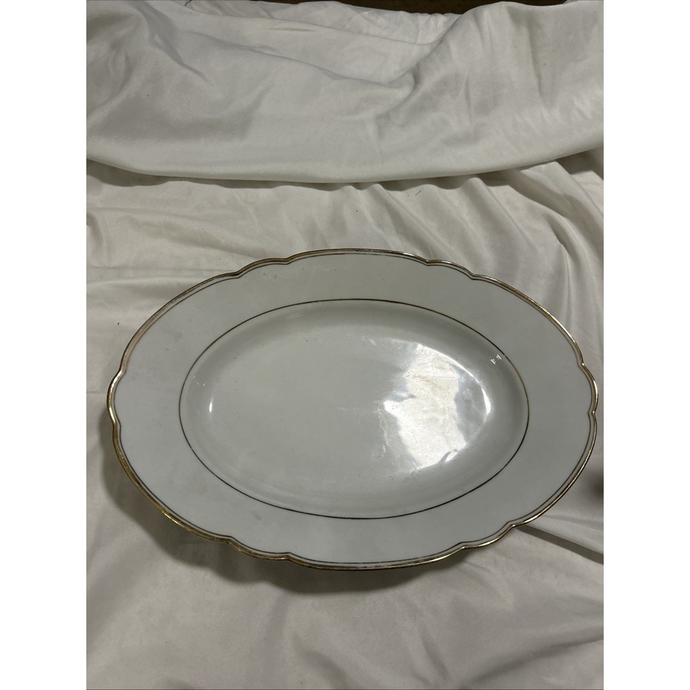 Arzberg‎ Bavaria White Porcelain Oval Serving Platter Gold Scalloped Rim Vintage